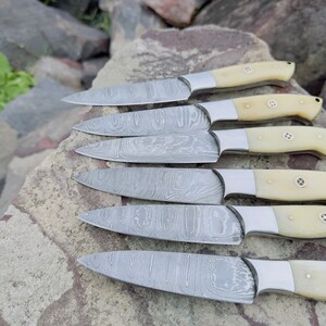 Steak Knife Set 6 Pcs Custom Handmade Damascus Steel BBQ Grilling knives - Bone Handle image 6