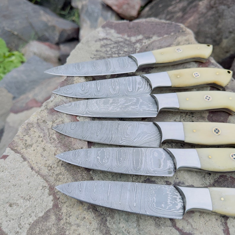 Steak Knife Set 6 Pcs Custom Handmade Damascus Steel BBQ Grilling knives - Bone Handle image 6