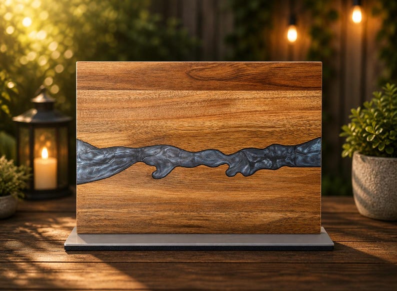 K&ouml;nnte beinhalten: Rechteckiges Holzschneidebrett mit einem dunkelblauen Harzfluss-Design. Das Brett besteht aus hellbraunem Holz und steht auf einem grauen Sockel. Das Harz flie&szlig;t horizontal &uuml;ber das Brett.