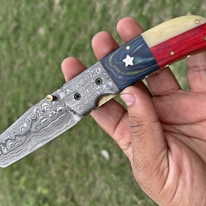 Handmade Damascus Tanto Pocket Knife: Texas Flag Handle