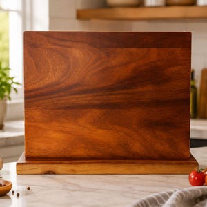 May include: A rectangular wooden knife block with a smooth, polished finish and visible dark brown wood grain patterns. The block is mounted on a flat, rectangular wooden base, creating a solid, upright structure for kitchen storage.