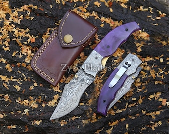 Navaja plegable de bolsillo personalizada de acero de Damasco, color púrpura.