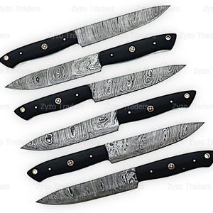 Handmade Damascus Steel 6 Pcs Steak Knife Set With Unique Handles BBQ Knives