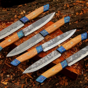 Handmade Damascus Steel Steak Knife Set: PKKA Wood Handle, BBQ Knives, Set of 6