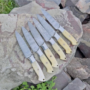 Steak Knife Set 6 Pcs Custom Handmade Damascus Steel BBQ Grilling knives - Bone Handle image 4