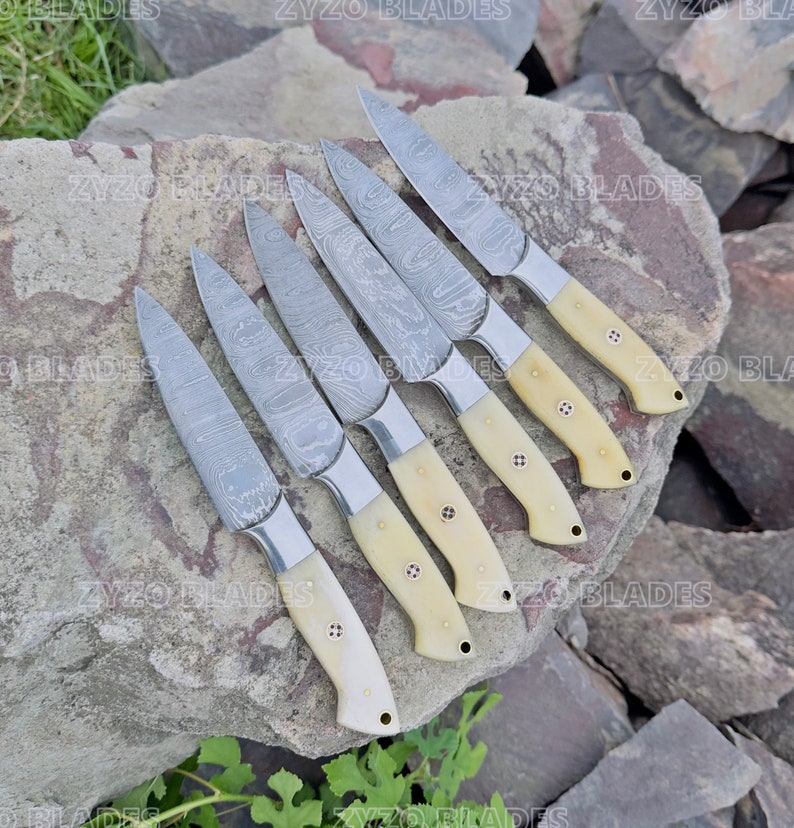 Steak Knife Set 6 Pcs Custom Handmade Damascus Steel BBQ Grilling knives - Bone Handle image 4