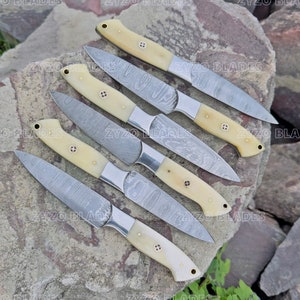 Steak Knife Set 6 Pcs Custom Handmade Damascus Steel BBQ Grilling knives - Bone Handle image 7