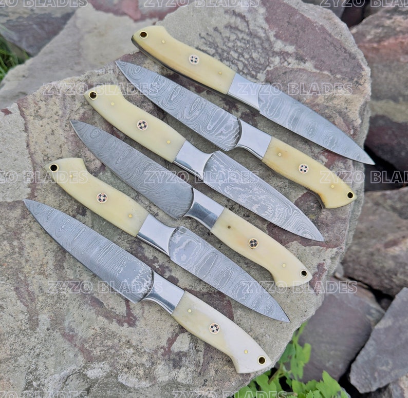 Steak Knife Set 6 Pcs Custom Handmade Damascus Steel BBQ Grilling knives - Bone Handle image 7