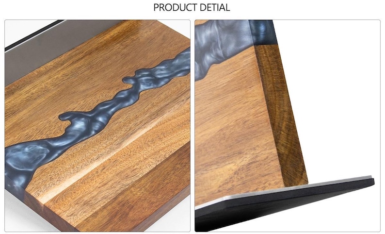K&ouml;nnte beinhalten: Holzservierbrett mit einem dunkelblauen Harzfluss-Design. Das Brett ist rechteckig mit nat&uuml;rlicher Holzmaserung und einem Metallrand. Der Text "PRODUCT DETIAL" steht oben.