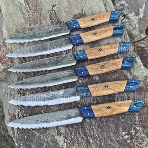 Hand Forged Damascus Steel Steak Knives Set - Serrated Edge, PKKA Wood Handle