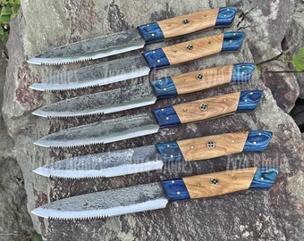 Half Serrated Edge Steak Knives Set 6 Pcs Custom Hand Forged Steak knife BBQ Grilling Best Gifts Corporate Gifts Mothers Day Gifts