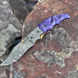Personalized Damascus Folding Pocket Knife Purple: Gift for Groomsmen, Birthdays Anniversary, Wedding, Gift for Men Women Fathers day