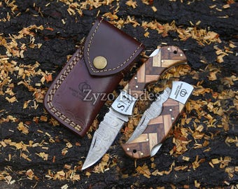 Handmade Damascus Pocket Knife Olive Wood Handle