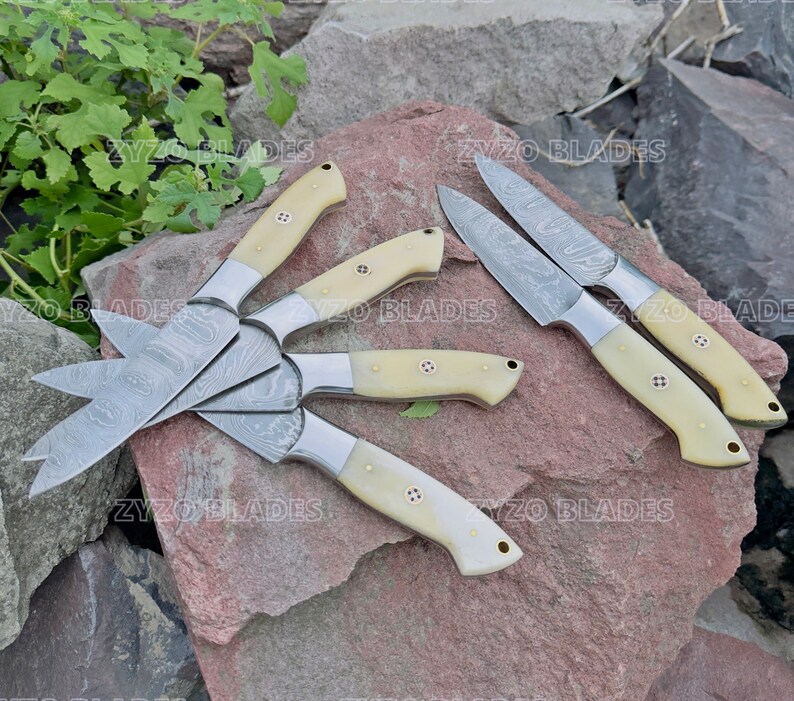 Steak Knife Set 6 Pcs Custom Handmade Damascus Steel BBQ Grilling knives - Bone Handle image 8