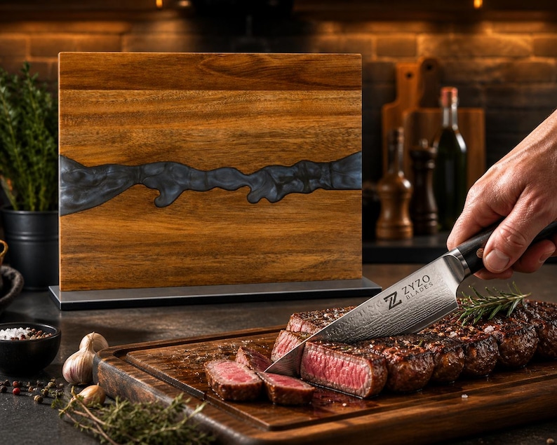 K&ouml;nnte beinhalten: Ein Holzschneidebrett mit einem dunkelgrauen Harzfluss-Design. Ein Steak wird mit einem Messer geschnitten, auf dessen Klinge der Text "ZYZO BLADES" steht. Das Steak liegt auf einem Holzschneidebrett.
