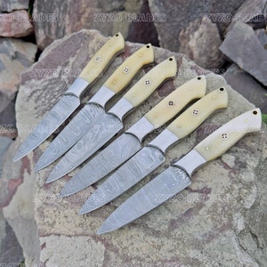Steak Knife Set 6 Pcs Custom Handmade Damascus Steel BBQ Grilling knives - Bone Handle image 10