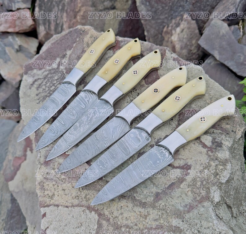 Steak Knife Set 6 Pcs Custom Handmade Damascus Steel BBQ Grilling knives - Bone Handle image 10