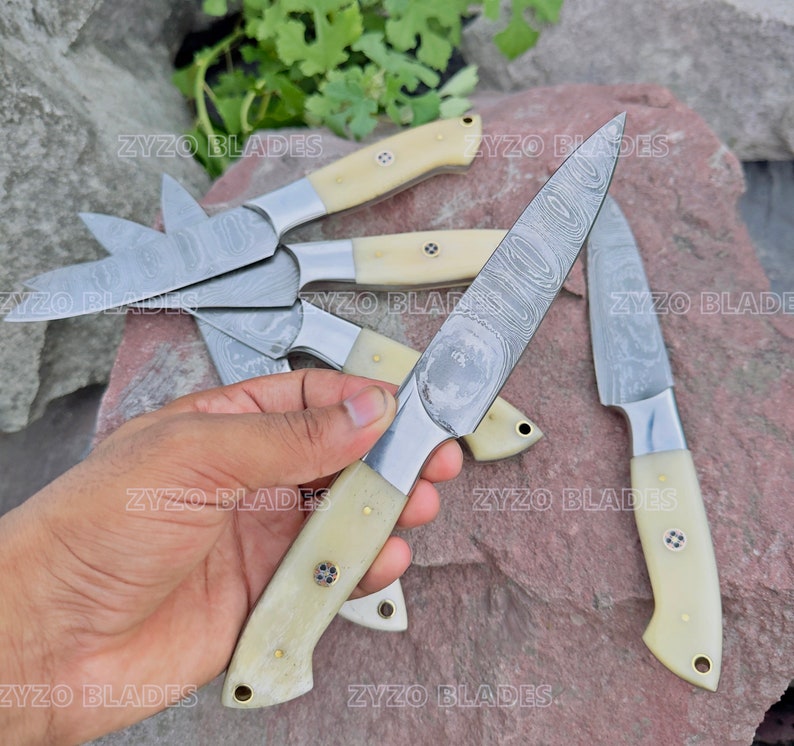 Steak Knife Set 6 Pcs Custom Handmade Damascus Steel BBQ Grilling knives - Bone Handle image 9