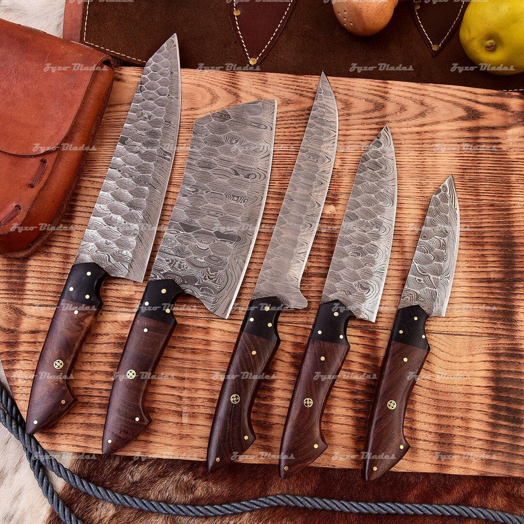 Custom Handmade Chef Knives Set 5 Pcs Leather Bag Kitchen Knives