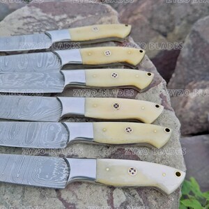 Steak Knife Set 6 Pcs Custom Handmade Damascus Steel BBQ Grilling knives - Bone Handle image 5