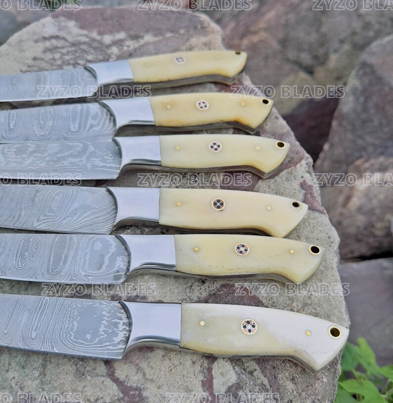 Steak Knife Set 6 Pcs Custom Handmade Damascus Steel BBQ Grilling knives - Bone Handle image 5