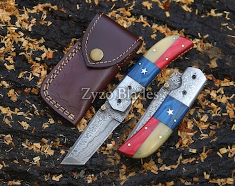 Handgemaakt damascus tanto-zakmes: handvat Texaanse vlag