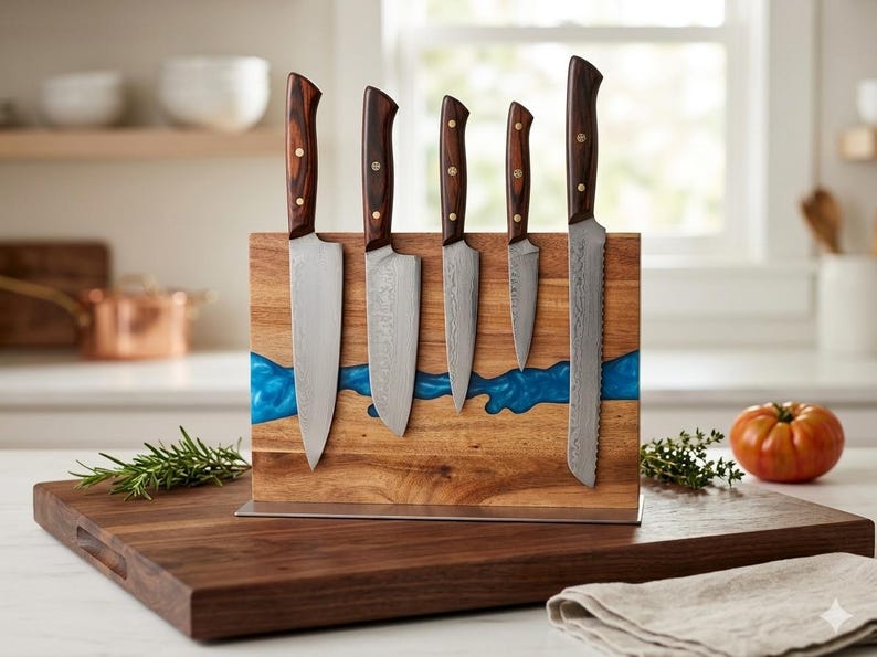 K&ouml;nnte beinhalten: Ein Set aus f&uuml;nf K&uuml;chenmessern mit Holzgriffen und silbernen Klingen, pr&auml;sentiert auf einem Messerblock aus Holz mit einem blauen Harzfluss-Design. Die Messer sind unterschiedlich gro&szlig;, darunter ein Brotmesser.