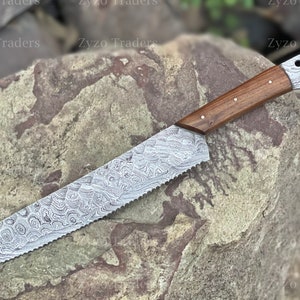 Handmade Damascus Steel Serrated Bread Knife: Rosewood Handle, 15&quot;