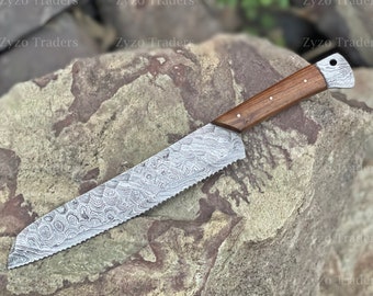 Coltello da pane seghettato in acciaio di Damasco, realizzato a mano: manico in palissandro, 38 cm