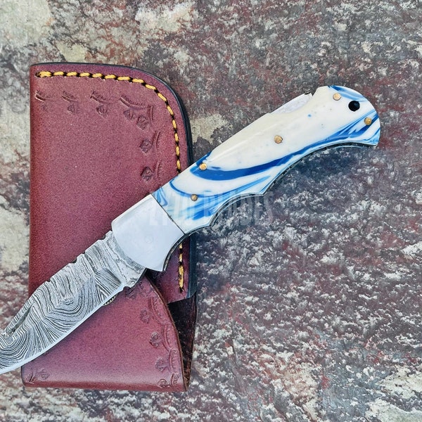 Pocket Folding Knife Unique Ocean Blue Handle With Damascus Steel Blade Edc Fold Knife Birthday Gift Groomsmen Gifts Mother Day Gift