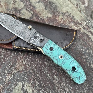 Handmade Turquoise Color Handle Damascus Folding Pocket Knife Hiking Camping Outdoor Birthday Wedding Anniversary Holidays Gifts for Her/Him