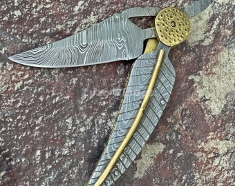 Handmade Pocket Folding Knife Damascus Blade Leaf Style
