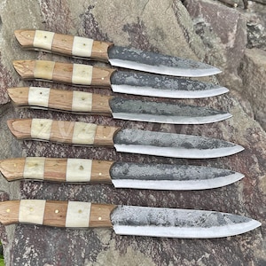 Hand Forged Damascus Steel Steak Knife Set: Full Tang, PKKA Wood & Camel Bone Handle