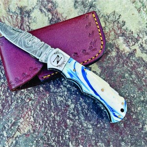 Handmade Damascus Pocket Folding Knife Unique Ocean Blue Handle
