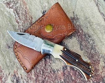 Coltello pieghevole da tasca con manico in osso di cammello con corna di cervo, coltelli da tasca in acciaio di Damasco, regali di compleanno, regali aziendali, testimoni dello sposo, regali per la festa della mamma