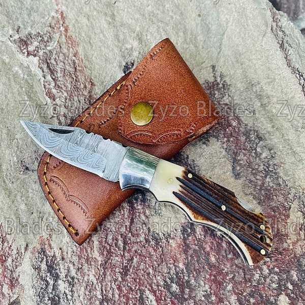 Stag Antler Camel Bone Handle Pocket Folding Knife Damascus Steel Pocket Knives Birthday Gifts Corporate Gift Groomsmen Mothers day Gifts
