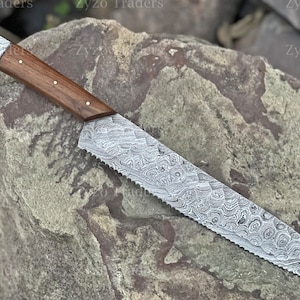 Artisanal Damascus Steel Bread Knife with Serrated Edge - Handcrafted Loaf Cutter Baking Gift for Birthday Home warming Kitchen Tool