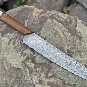 Handmade Bread Knife Damascus Steel knife Serrated egde knives loaf Cutting Knife Wedding Gifts Birthday Gifts Mothers Day Gifts