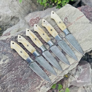 Steak Knife Set 6 Pcs Custom Handmade Damascus Steel BBQ Grilling knives - Bone Handle