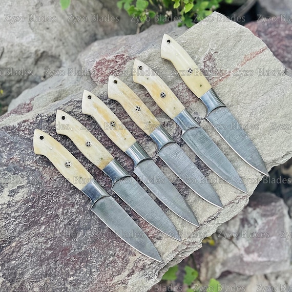 Steak Knife Set 6 Pcs Custom Handmade Damascus Steel BBQ Grilling knives - Bone Handle