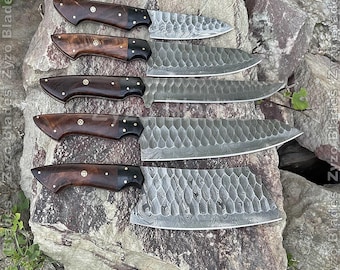 Personalized Kitchen Chef Knives Set 5 Pcs Damascus Steel Blades  - Rosewood & Resin Handle