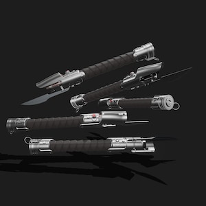 May include: A collection of futuristic lightsabers with silver and black components. The handles are wrapped in a textured black material, and some feature blades. The designs include red and silver accents, and a blade attachment.