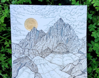 Desert Mountain Landscape Ink Drawing Print
