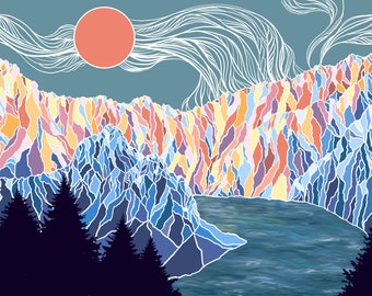 May include: A colorful landscape illustration featuring mountains, a lake, and a setting sun. The mountains are depicted in shades of blue, orange, and purple, with white outlines. The sun is a solid orange circle, and the sky is a muted teal.