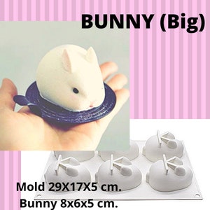 May include: A white bunny-shaped dessert on a dark blue plate. The image also shows a silicone mold with bunny-shaped cavities, each with a stick. The text "BUNNY (Big)", "Mold 29x17x5 cm.", and "Bunny 8x6x5 cm." are visible.