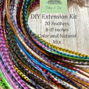 20 Feather Hair Extensions DIY Kit - Real feathers + beads + tool, Colorful and Natural mix, CHOOSE the length -XL/ Long/ Medium/ Short