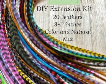 Kit de 20 extensiones de cabello con plumas: plumas reales, cuentas y herramienta. Mezcla colorida y natural. Elige el largo: largo, medio o corto.