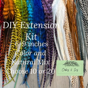 Feather Hair Extensions - 10 or 20 real feathers + beads and tool, 6-9 inches long, Natural and Colorful mix hair feathers extension DIY kit