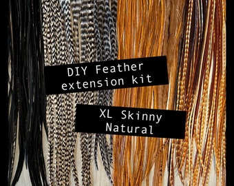 XL Feather Hair Extensions - Skinny 11+ inches - 10-20 real feathers + beads and tool , Natural mix hair feather extensions, DIY kit