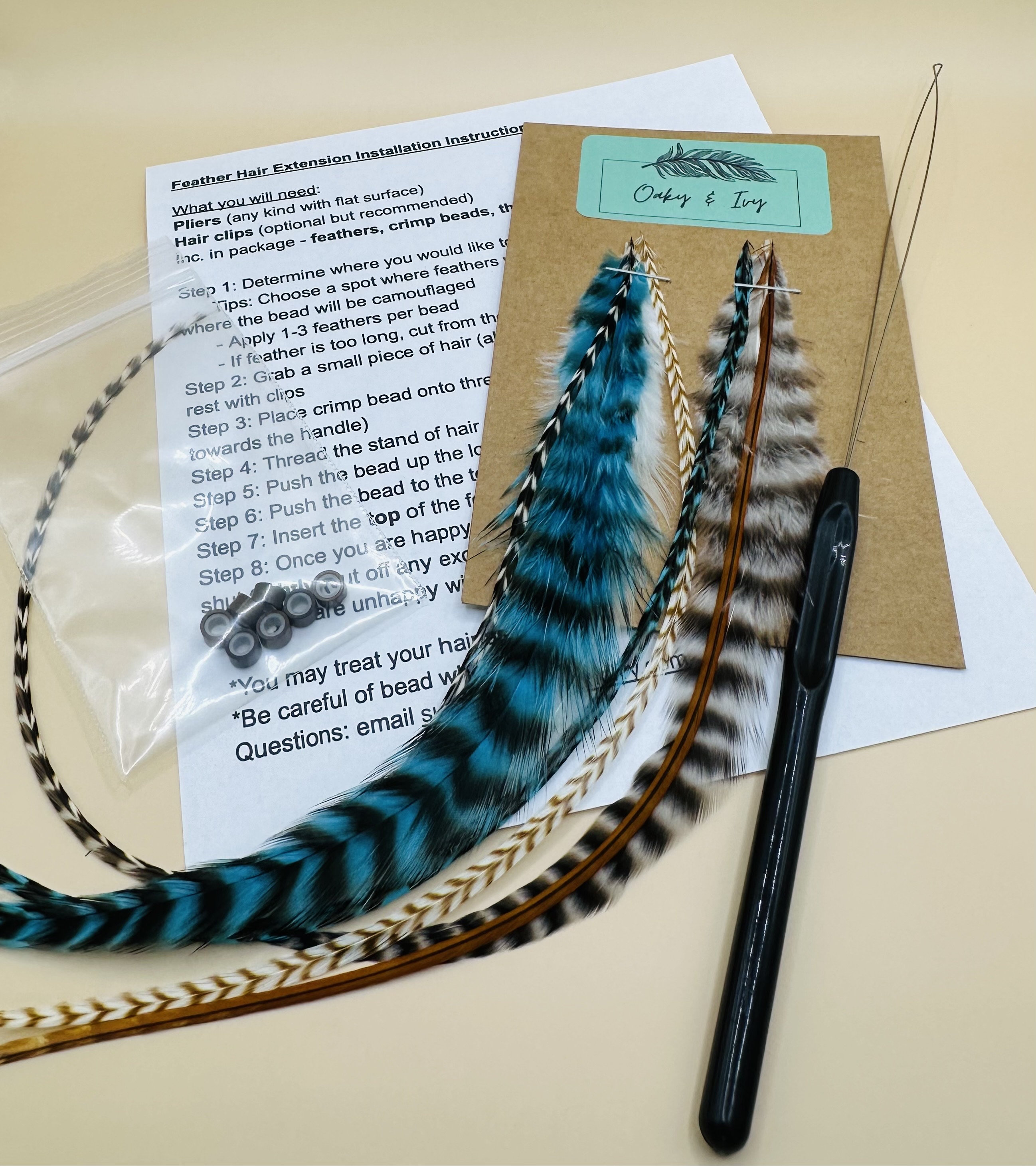 Feather Hair Extensions - 7 Feathers + Beads + Tool/7-11 